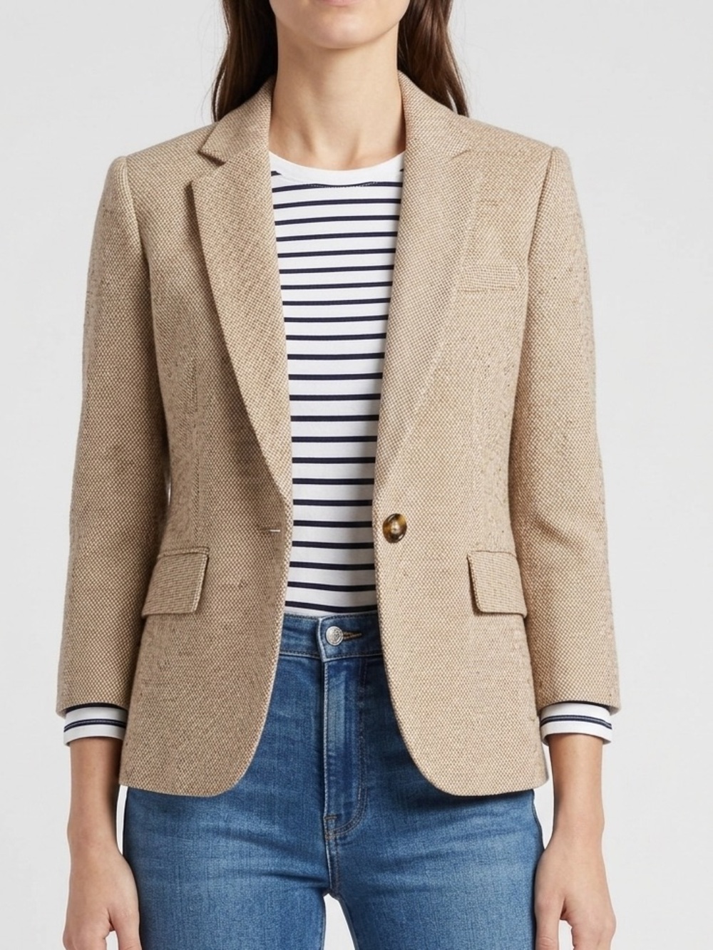 Veronica Beard Schoolboy Dickey Tweed Blazer Sz 0 Tan One Button Jacket